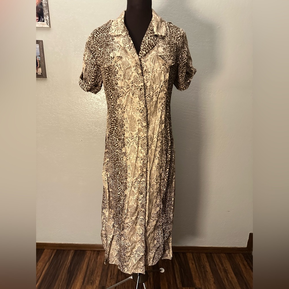 Vintage 90s Snakeskin Print Rayon Shirt Dress Wide Fringe Hem 6P